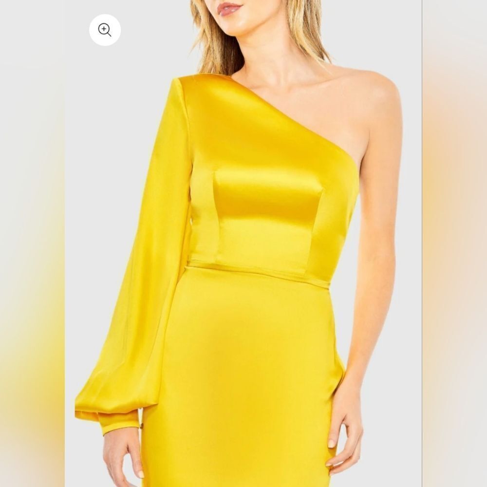 Mac Duggal 26712 One Shoulder Bishop Sleeve Trumpet Gown NWOT size 14 Yellow - Picture 3 of 7